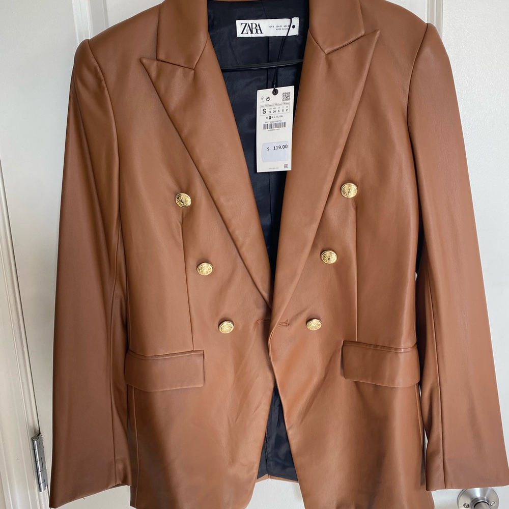 Zara Faux Leather Blazer with Gold Accents
